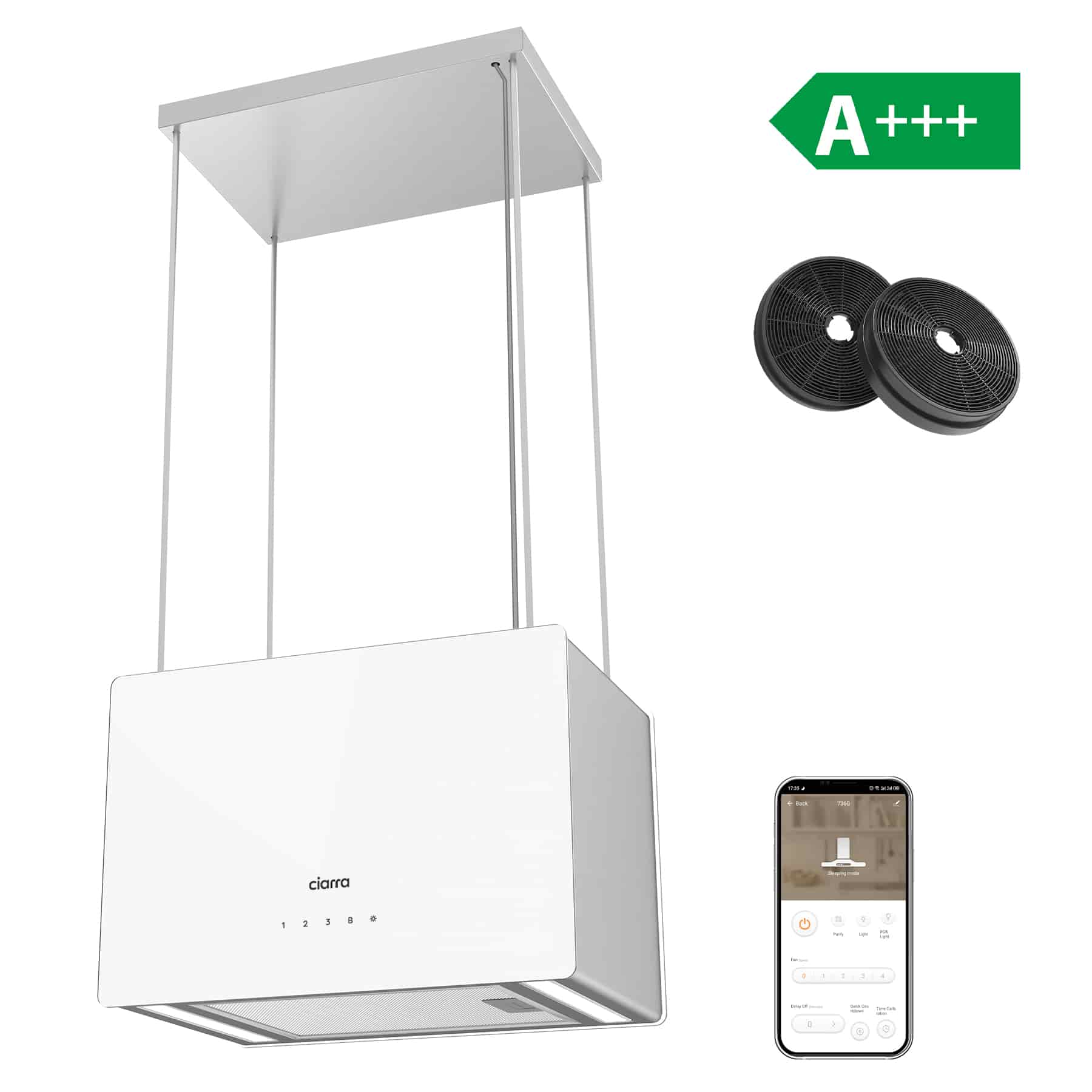 CIARRA Exaustor de ilha 48 cm 700 m3/h Booster 4 Velocidades A+++ Wi-Fi e controlo tátil com Filtros de Carbono Branco CD4850S